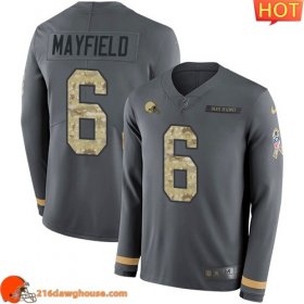 Cozy Elegant Wonderful Awesome Cleveland #6 Baker Mayfield Anthracite Salute to Service Youth Stitched Limited Therma Long Sleeve sporting jersey Youth