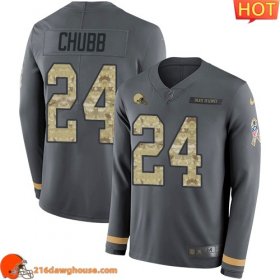 Superior Trendy High quality Fashionable #24 Nick Chubb Anthracite Salute To Service Men Stitched Limited Therma Long Sleeve sporting jersey