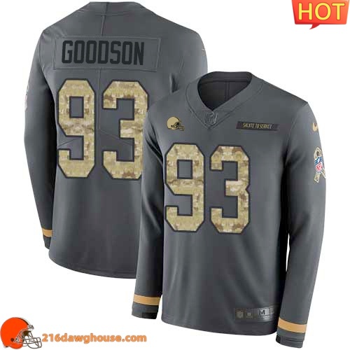 First rate Reliable Impressive Exclusive Trendy Cleveland #93 B.J. Goodson Anthracite Salute to Service Youth Stitched Limited Therma Long Sleeve sporting jersey Youth perfect for die hard fans to flaunt their support
